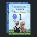 Invitation Le garçon et son chien fête d'anniversaire<br><div class="desc">Petit garçon mignon et son chien assis à côté de lui tenant un ballon d'anniversaire. Invitations de fête d'anniversaire.</div>