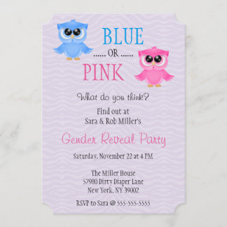 Invitation Le genre bleu ou rose mignon de hibou indiquent