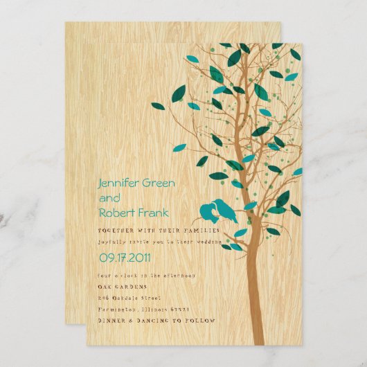 Invitation Le grain de bois avec des Inséparables bleus sur i (Devant / Derrière)