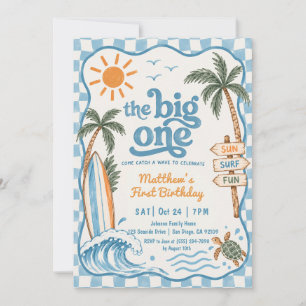 Invitation Le Grand Bleu à Carreaux Surf Boy 1er Anniversaire