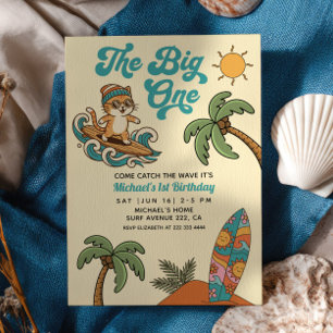 Invitation Le Gros Surfeur Chat Rétro Été 1er Anniversaire