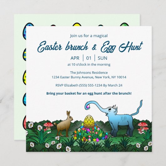 Invitation Le lapin de Pâques collecte les oeufs de Pâques (Devant / Derrière)