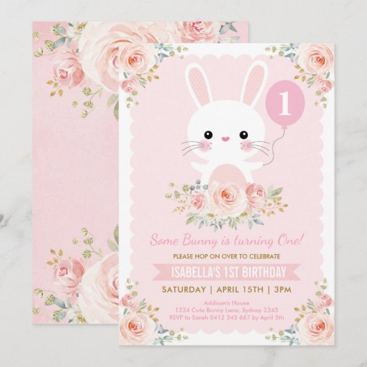 Invitation Le lapin mignon rougissent anniversaire floral de (Devant / Derrière)