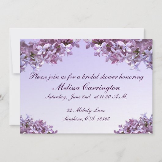 Invitation Le lilas floral fleurit la Fête de la mariée (Devant)