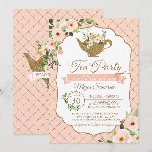Invitation Le luxe de thé rougissent baby shower floral de (Devant / Derrière)