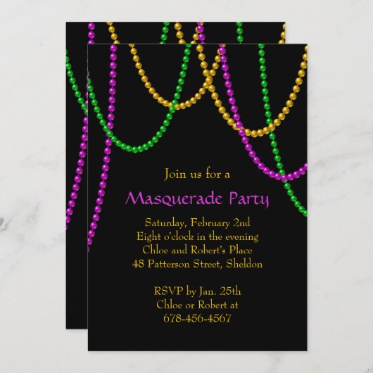 Invitation Le mardi gras perle l'invitation (Devant / Derrière)