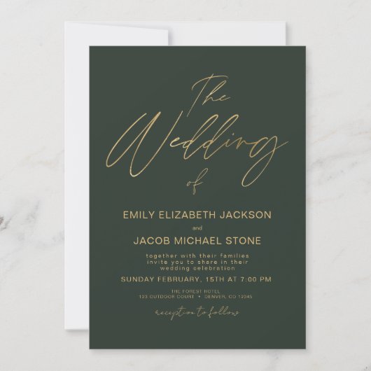 Invitation Le Mariage de Gold Emerald Green Script (Devant)