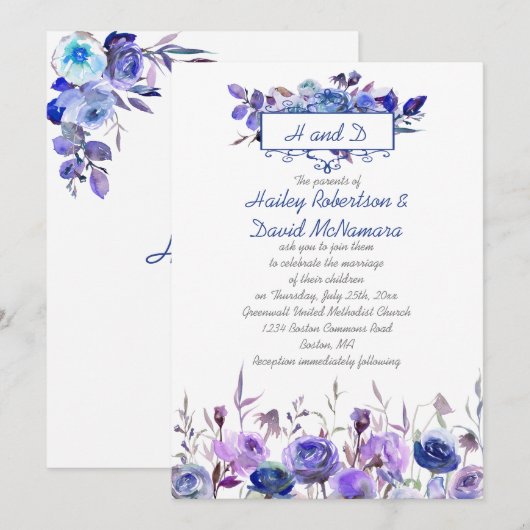 Invitation Le mariage des Roses de la Navy Blue Purple Lavend (Devant / Derrière)