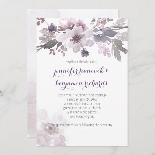 Invitation Le mariage en fleurs rose et gris invite au mariag (Devant / Derrière)