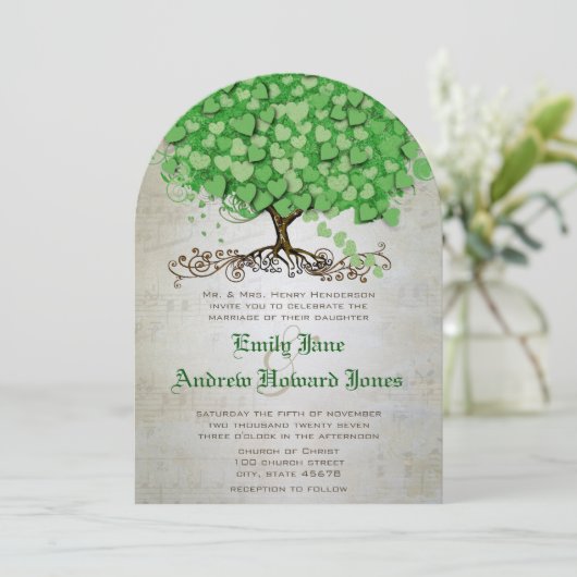 Invitation Le mariage musical Emerald Heart Leaf Tree invite (Debout devant)