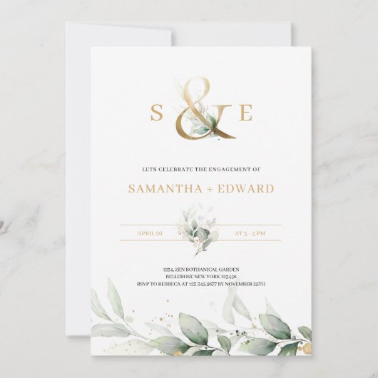 Invitation Le monogramme de l'or de l'eucalyptus vert moderne (Devant)