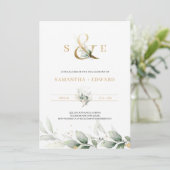 Invitation Le monogramme de l'or de l'eucalyptus vert moderne (Debout devant)