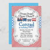 Invitation Le moteur de train, rouge barre le point de polka (Devant / Derrière)