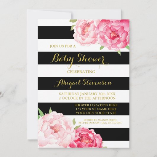 Invitation Le noir barre le baby shower de fleurs d'aquarelle (Dos)