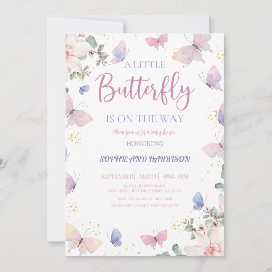 Invitation Le Papillon Rose Violet Est En Route Baby shower (Devant)