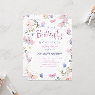 Invitation Le Papillon Rose Violet Est En Route Baby shower