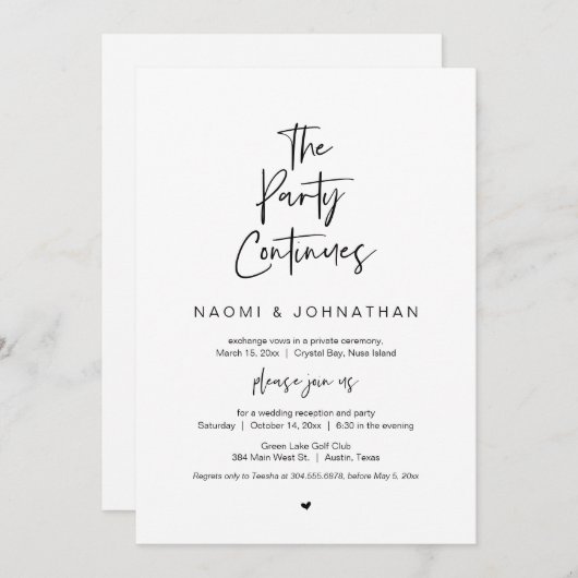 Invitation Le Parti Continue, Noir, Elopement Mariage (Devant / Derrière)