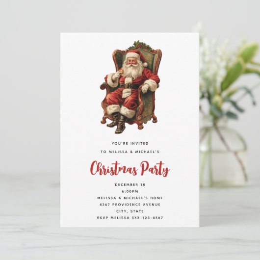 Invitation Le Père Noël rétro assis en chaise Noël (Debout devant)