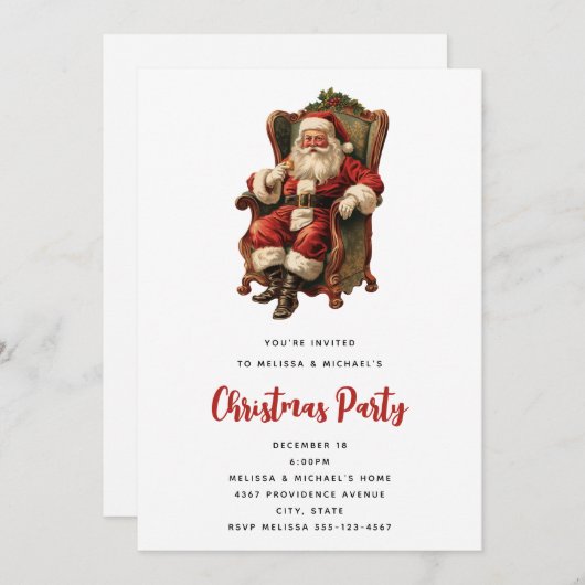Invitation Le Père Noël rétro assis en chaise Noël (Devant / Derrière)