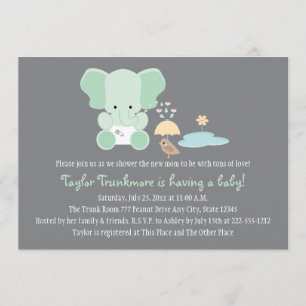Invitation Le petit Baby shower d'oiseaux de l'éléphant vert