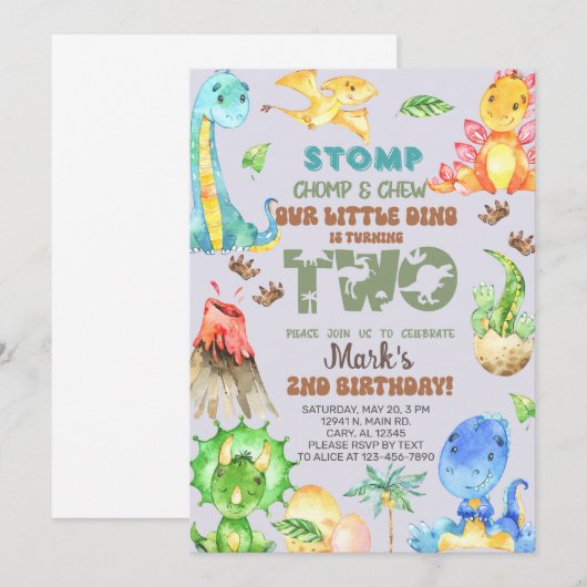 Invitation Le petit dino a deux ans. (Devant / Derrière)