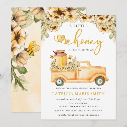 Invitation Le Petit Miel Est Sur Le Chemin Du Baby shower Hon (Devant / Derrière)