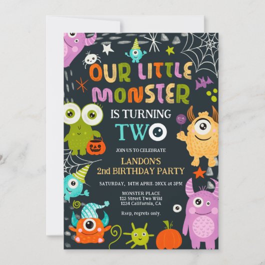 Invitation Le petit monstre d'Halloween mignon tourne à deux (Devant)