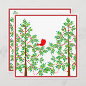 Invitation Le Petit Oiseau rouge dans une fête de Noël (Devant / Derrière)