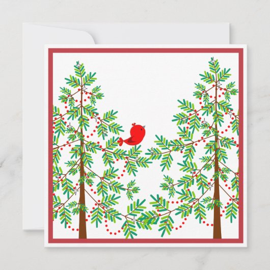 Invitation Le Petit Oiseau rouge dans une fête de Noël (Devant)