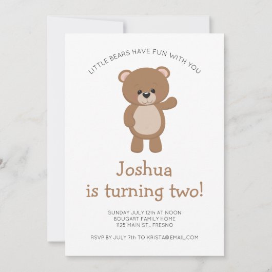 Invitation Le Petit Ours Tourne Deux Bois Deuxième Anniversai (Devant)