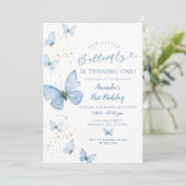 Invitation Le petit papillon bleu or tourne un anniversaire (Debout devant)