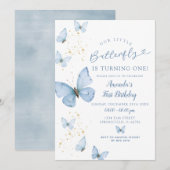Invitation Le petit papillon bleu or tourne un anniversaire (Devant / Derrière)