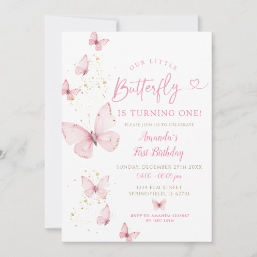 Invitation Le petit papillon rose Gold devient un anniversair (Devant)