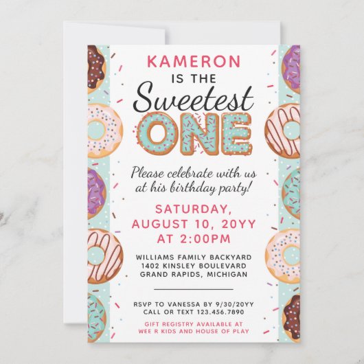 Invitation LE PLUS DOUX Bleu beignets glacés Bébé Premier ann (Devant)