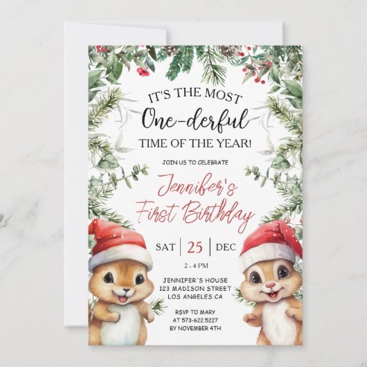 Invitation Le plus monocorde | Noël écureuil 1er anniversaire (Devant)