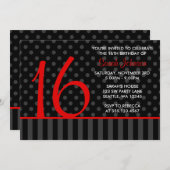 Invitation Le point de polka rouge et noir barre (Devant / Derrière)