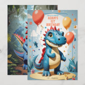 Invitation Le premier anniversaire du garçon dinausor mignon  (Devant / Derrière)