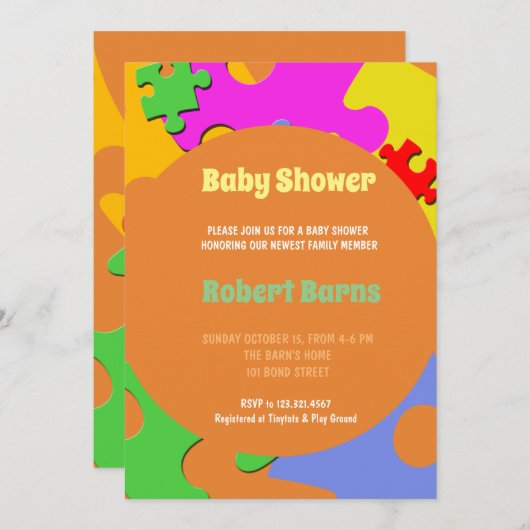 Invitation Le puzzle rapièce le baby shower de garçon (Devant / Derrière)