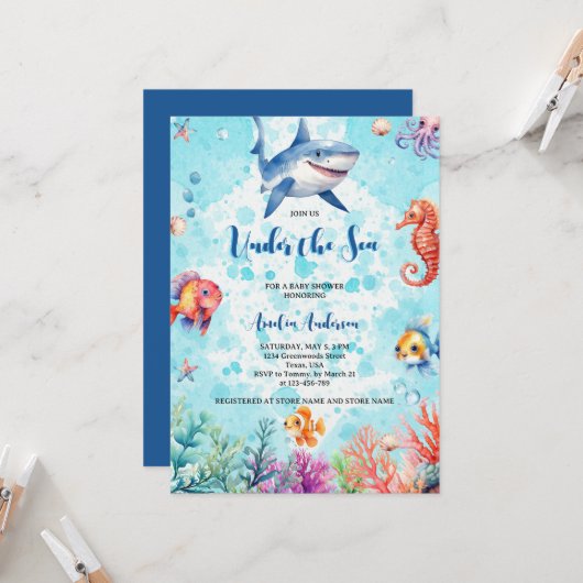 Invitation Le requin mignon sous la mer Créatures Baby shower (Devant/Arrière en situation)