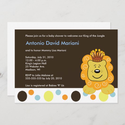 Invitation Le roi de la Jungle Lion 5x7 Baby shower Invitatio (Devant / Derrière)