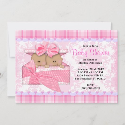 Invitation Le ROSE doux MIGNON jumelle le baby shower (Devant)