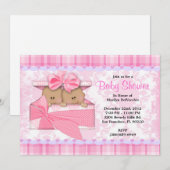 Invitation Le ROSE doux MIGNON jumelle le baby shower (Devant / Derrière)