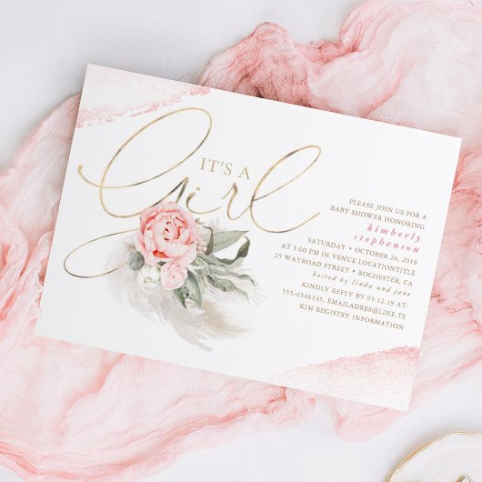 Invitation Le rose et l'or c'est une fille Baby shower floral