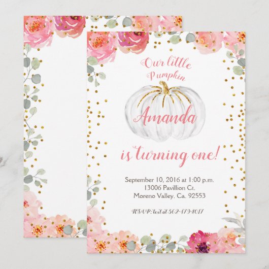 Invitation Le rose et l'or de fille notre citrouille tourne (Devant / Derrière)