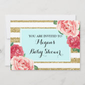 Invitation Le rose fleurit le baby shower de rayures d'or (Devant)