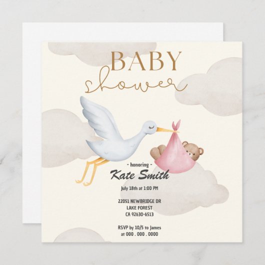 Invitation LE STORK APPORTE UN Baby shower BÉBÉ (Devant / Derrière)