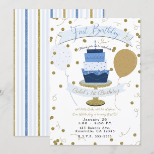 Invitation Le sucre bleu et or est sucré 1er gâteau d'anniver