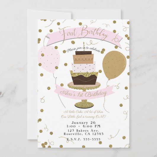 Invitation Le sucre rose et or est sucré 1er gâteau d'anniver (Devant)
