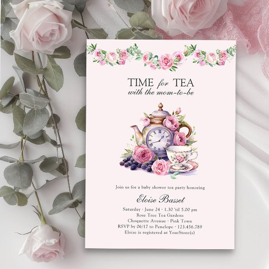 Invitation Le temps du thé avec le Baby shower rose Maman-to-