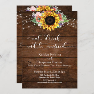 Invitation Le tournesol de bois rustique mange un verre et se